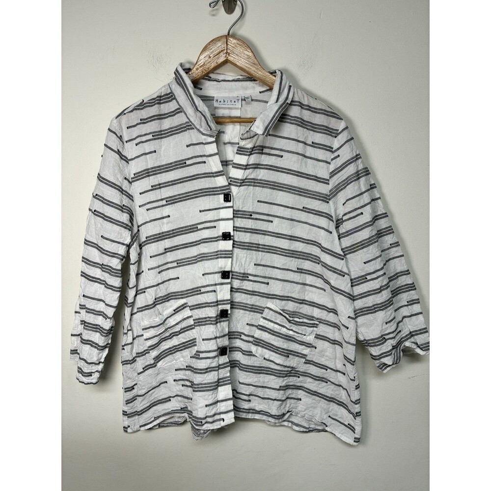 Habitat Cotton Crinkle Blouse Women’s L 3/4 Sleeve Black White Artsy Boho
